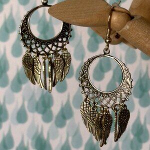 NEW Handmade- Feathered Hoop - Dangle Earrings in Antique Silver Tones